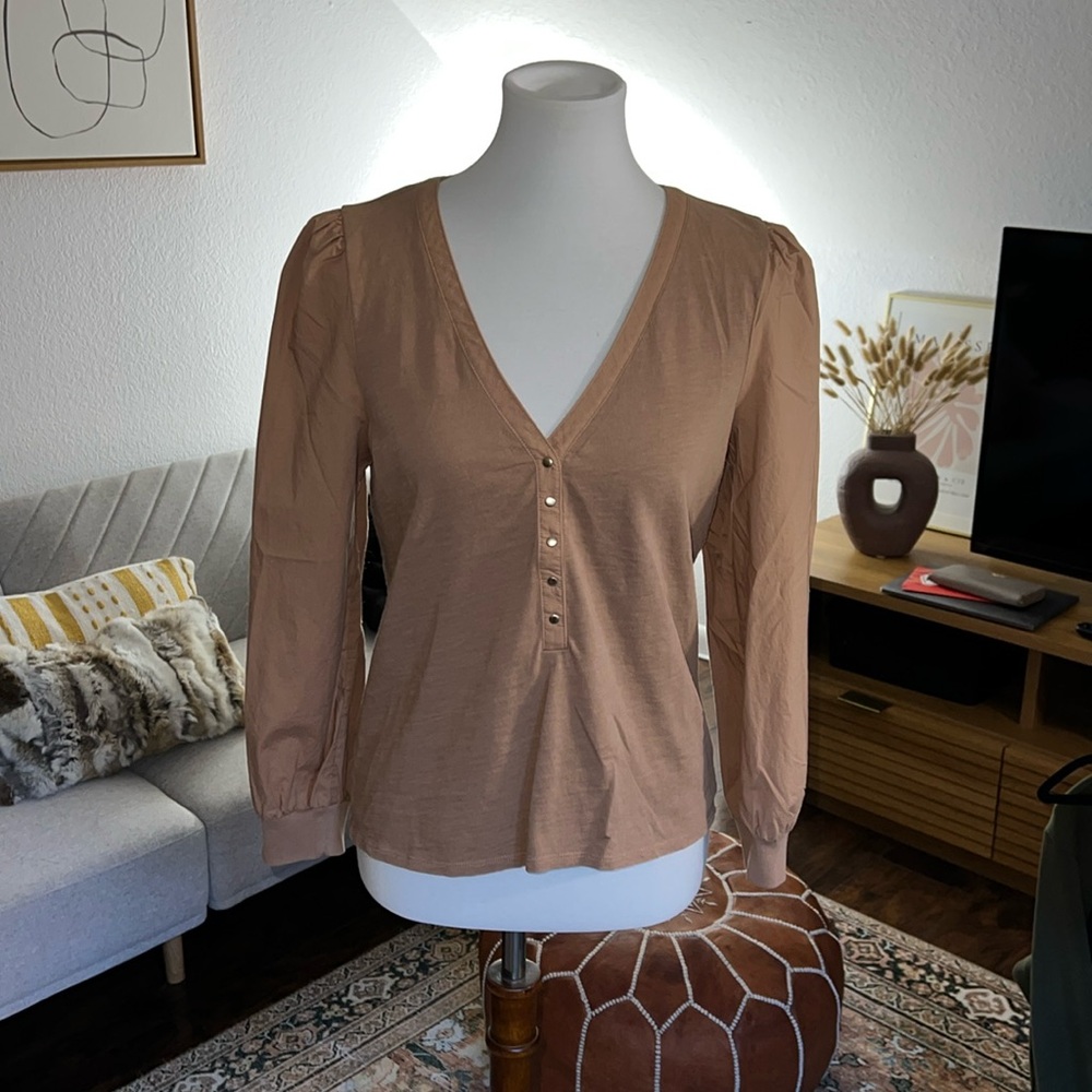 Nation LTD Tan Long-Sleeve V-Neck Henley Top M